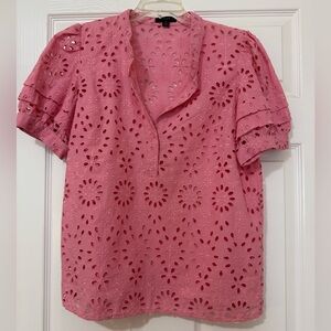 J Crew Women’s Puff-Sleeve Popover Top Pink Floral Eyelet Size S Preppy